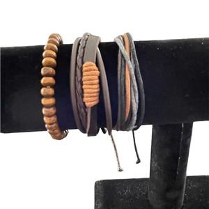 Brown Leather Bracelets Adjustable Set of 3